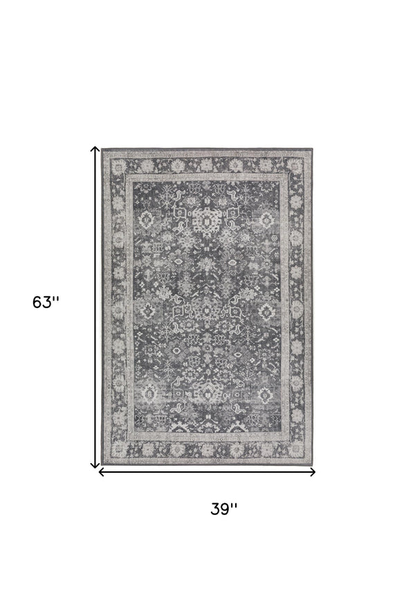 Homeroots 3' X 5' Grey Oriental Distressed Non Skid Area Rug  Polyester 491880