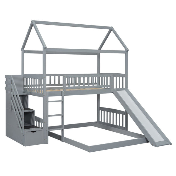 English Elm Twin Over Full Bunk Bed Playhouse Frame with Slide Staircase and Storage Drawers LT100129AAE