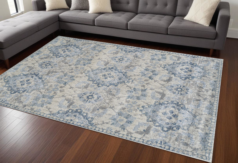 Homeroots 10' X 13' Blue Oriental Distressed Area Rug  Polypropylene 491934