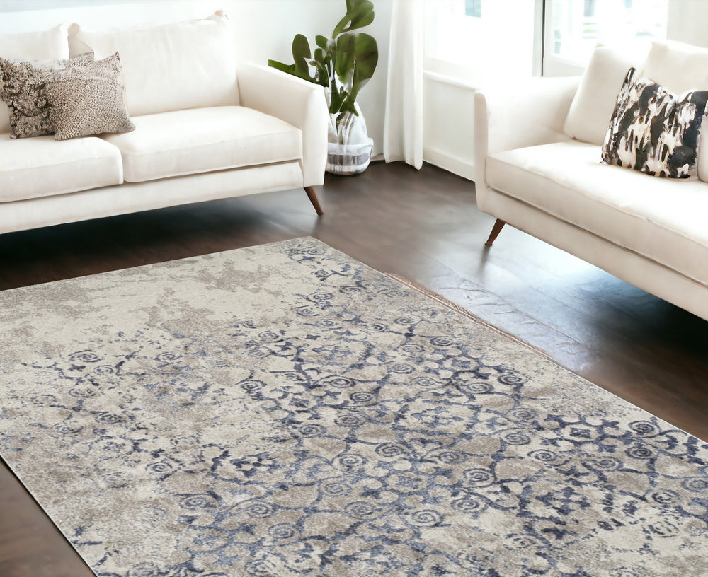 Homeroots 10' X 13' Blue And Ivory Oriental Distressed Area Rug  Polypropylene 491942