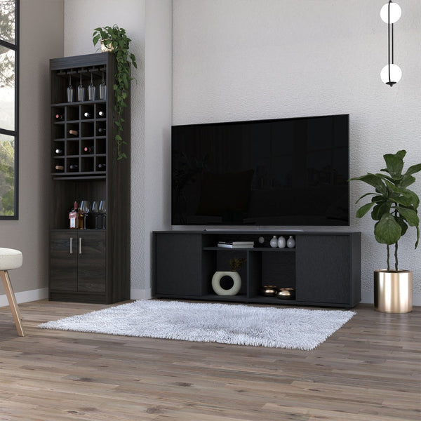 HomeRoots 59" Modern Brown and Black Enclosed Storage TV Stand with Open Shelving and Cable Management Solutions 491957