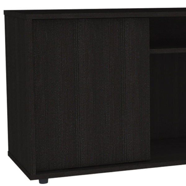 HomeRoots 59" Modern Brown and Black Enclosed Storage TV Stand with Open Shelving and Cable Management Solutions 491957