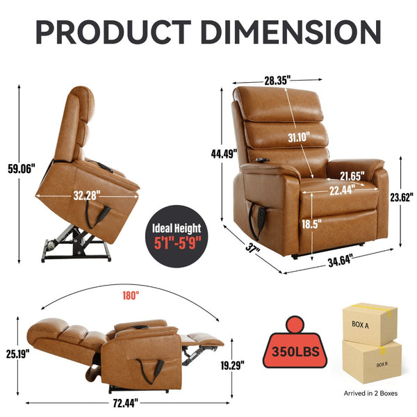 English Elm Dual Motor Power Lift Recliner with Massage Heat and 180 Degree Brown Lounge Chair Yellow Brown W1803S00061