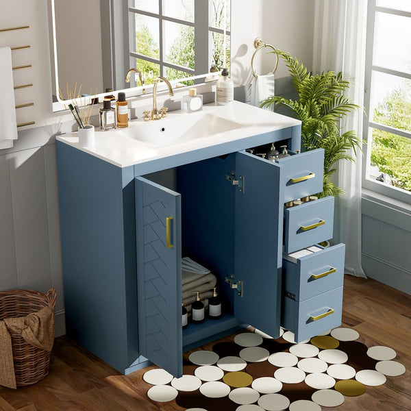 English Elm 36'' Bathroom Vanity with Ceramic Sink Combo Solid Wood Frame Soft-Closing Drawers Ample Storage Elegance Indigo N710P243327M