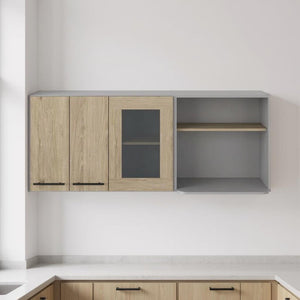 HomeRoots 24" Chic Gray and Natural Wood Wall-Mounted Kitchen Cabinet with Stylish Storage and Display Options 491987