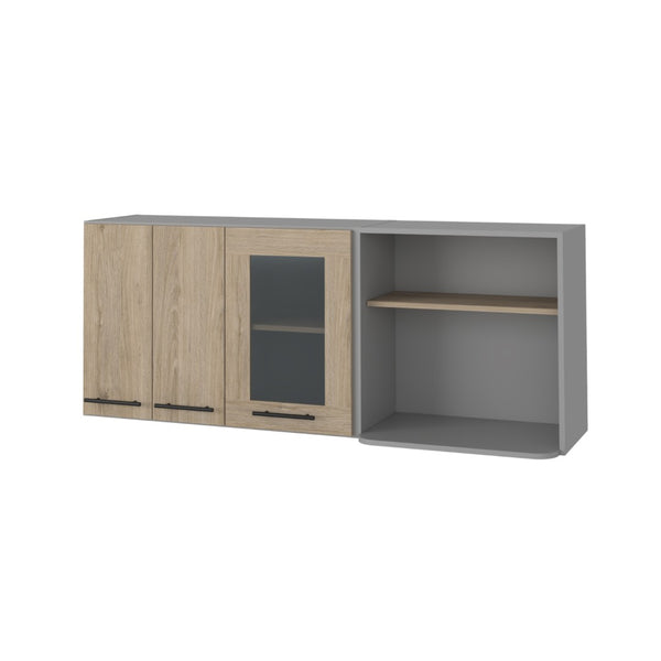 HomeRoots 24" Chic Gray and Natural Wood Wall-Mounted Kitchen Cabinet with Stylish Storage and Display Options 491987
