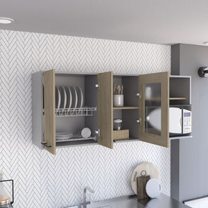 HomeRoots 24" Chic Gray and Natural Wood Wall-Mounted Kitchen Cabinet with Stylish Storage and Display Options 491987