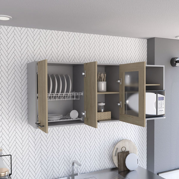 HomeRoots 24" Chic Gray and Natural Wood Wall-Mounted Kitchen Cabinet with Stylish Storage and Display Options 491987