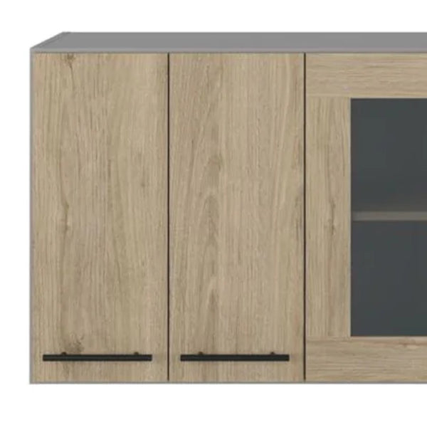 HomeRoots 24" Chic Gray and Natural Wood Wall-Mounted Kitchen Cabinet with Stylish Storage and Display Options 491987