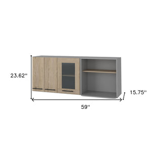 HomeRoots 24" Chic Gray and Natural Wood Wall-Mounted Kitchen Cabinet with Stylish Storage and Display Options 491987