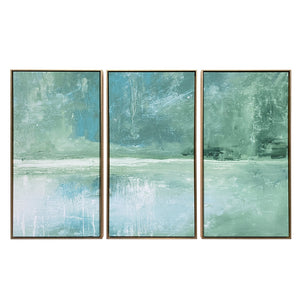 Homeroots Set Of Three Blue Green Abstract Water With Gold Floater Frame Painting Wall Art  Canvas 491993