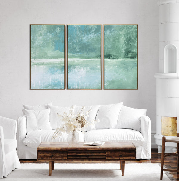 Homeroots Set Of Three Blue Green Abstract Water With Gold Floater Frame Painting Wall Art  Canvas 491993