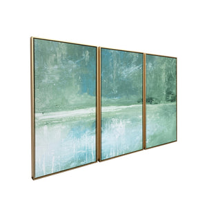 Homeroots Set Of Three Blue Green Abstract Water With Gold Floater Frame Painting Wall Art  Canvas 491993