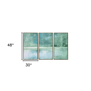 Homeroots Set Of Three Blue Green Abstract Water With Gold Floater Frame Painting Wall Art  Canvas 491993