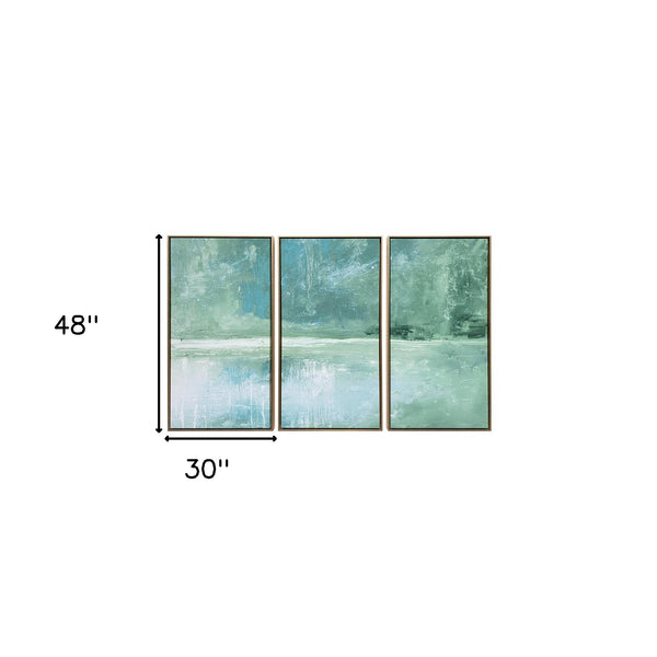 Homeroots Set Of Three Blue Green Abstract Water With Gold Floater Frame Painting Wall Art  Canvas 491993