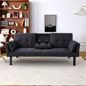 English Elm 70-inch Foldable Cotton Linen Sofa Bed with Cup Holder & Side Storage, Space-Saving 2-Seater Design DARK GREY W3371P337199