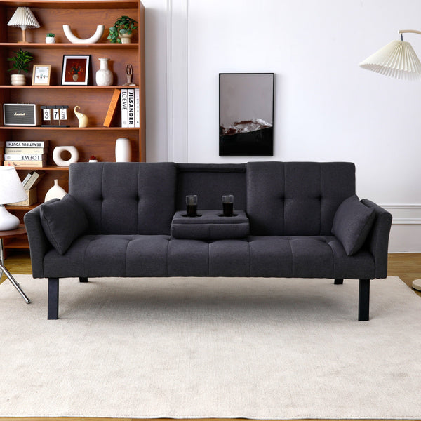 English Elm 70-inch Foldable Cotton Linen Sofa Bed with Cup Holder & Side Storage, Space-Saving 2-Seater Design DARK GREY W3371P337199