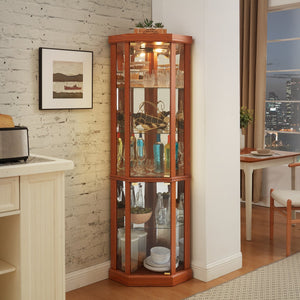 English Elm Lighted Corner Curio Cabinet - Stylish Dark Oak Display Case With Adjustable Shelves & Built-In Lighting W1758P300103