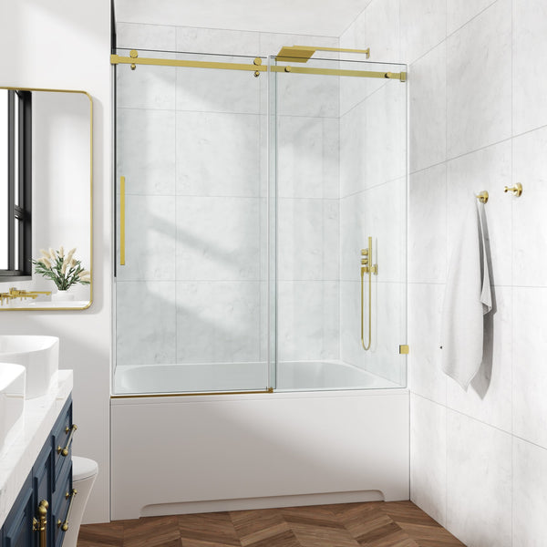 English Elm 60*66"Fixed & Sliding Shower Door - Modern Frameless Design, Strong Tempered Glass & Stainless Steel Hardware T3177P320610
