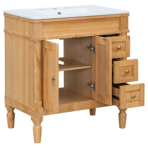 English Elm 30-inch Freestanding Bathroom Vanity Solid Wood Base Ceramic Sink Gold Hardware N729P299368N