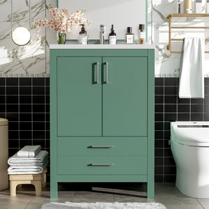 English Elm 24'' Green Bathroom Vanity with Ceramic Sink Combo — Modern Freestanding MDF & Solid Wood Storage, Soft-Close Doors, Silver Handles N710P228364F