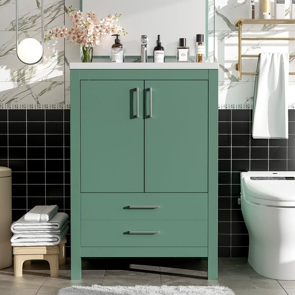 English Elm 24'' Green Bathroom Vanity with Ceramic Sink Combo — Modern Freestanding MDF & Solid Wood Storage, Soft-Close Doors, Silver Handles N710P228364F