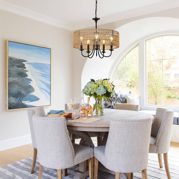 English Elm Modern 5-Light Rattan Chandelier Pendant Light, Hand-Woven Wicker Shade, Adjustable Farmhouse Glow W2738P185434