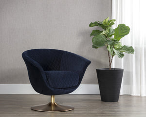 Sunpan Carine Swivel Lounge Chair - Mid-Century Elegance with Contemporary Curves and Antique Brass Base Quilted Abbington Navy