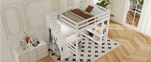 English Elm Full Size Loft Bed with Wardrobe Storage Staircase Shelves and Led Lighting N7090000472K-1