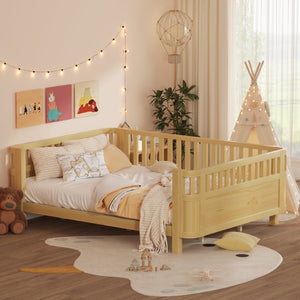 English Elm Queen Low Profile Pine Wood Kids Platform Bed with Guardrails and Rounded Safety Posts Natural W2593P409123
