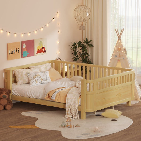 English Elm Queen Low Profile Pine Wood Kids Platform Bed with Guardrails and Rounded Safety Posts Natural W2593P409123