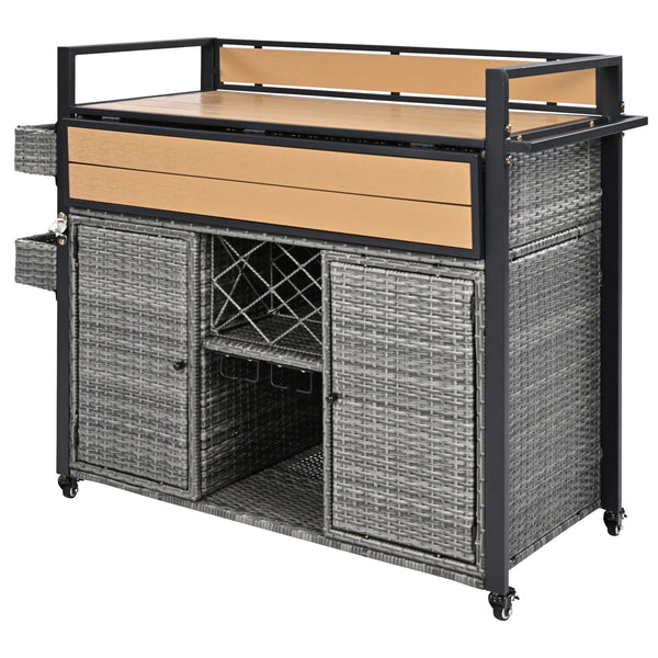 English Elm K&K Wicker Outdoor Grill Cart with Foldable Drop Leaf, Locking Wheels, Wine Rack & Ample Storage Grey N707P233747G