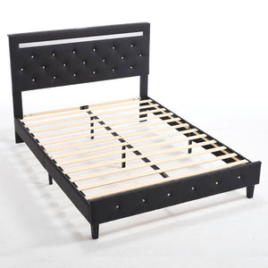 English Elm Queen Platform Bed Wingback Diamond Quilted Headboard Led Lighting Storage Drawers W5722P462498