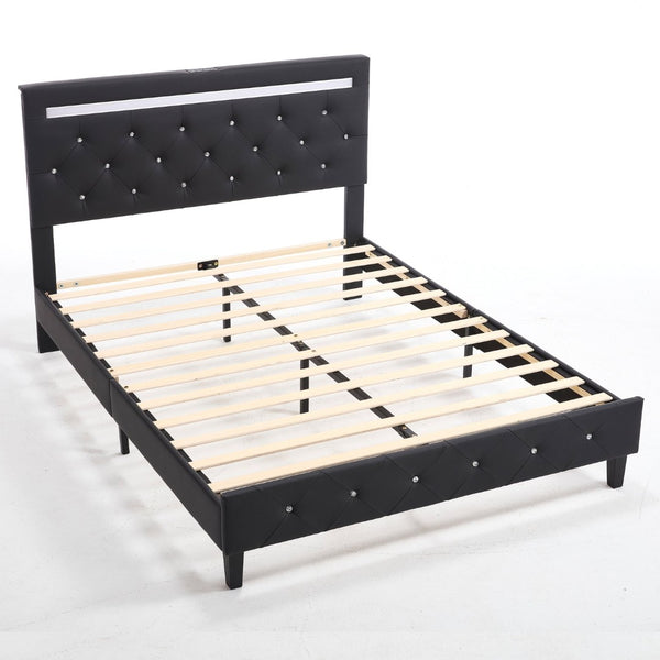 English Elm Queen Platform Bed Wingback Diamond Quilted Headboard Led Lighting Storage Drawers W5722P462498