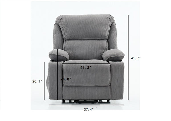 English Elm Gray Corduroy Recliner with Heated Massage, Remote & Assistive Lift, Cup Tray for Seniors Comfort W570P320447