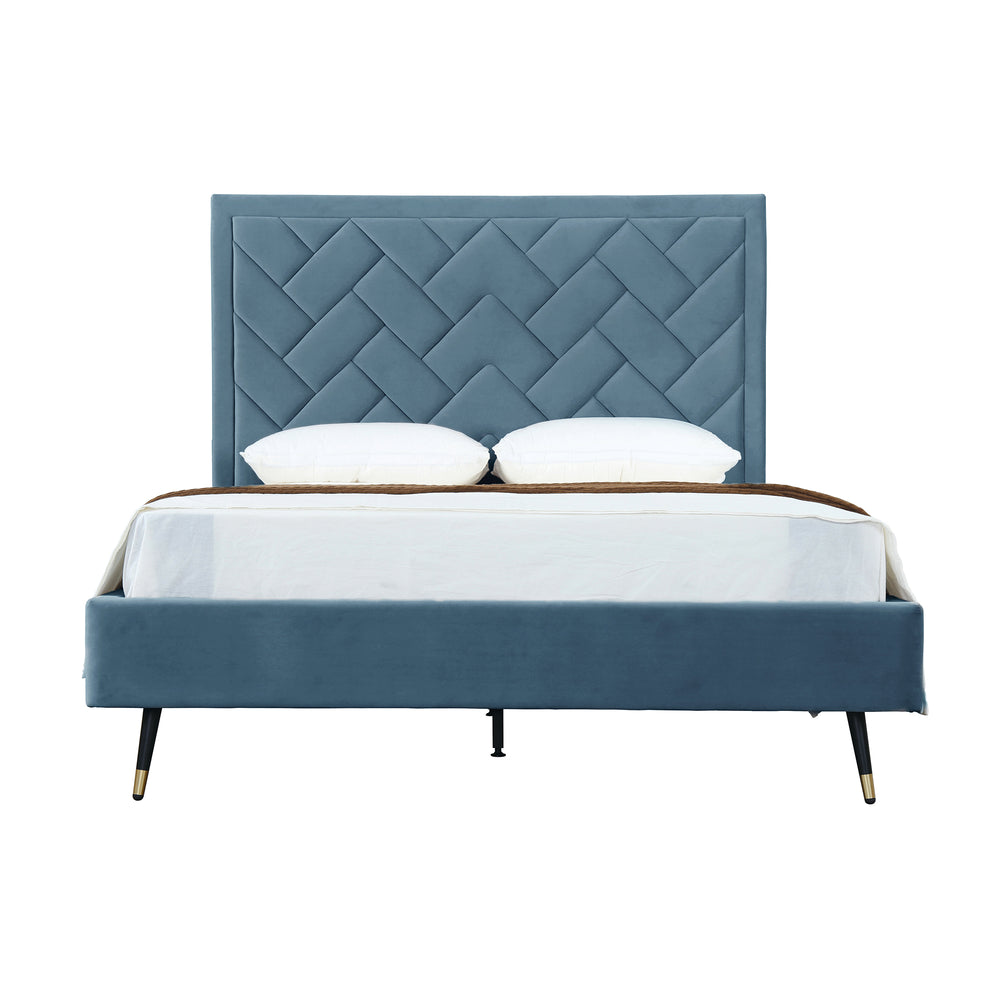 English Elm Crosby Upholstered Velvet Queen Bed – Luxe Blue Design With Chevron Headboard & Easy Assembly B365S00037