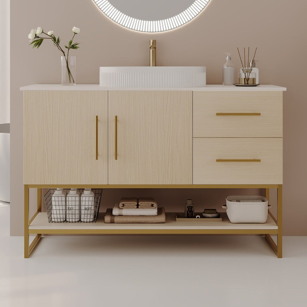 English Elm 47.2" Freestanding Bathroom Vanity Wood Tone Cabinet Ceramic Vessel Sink Gold Legs W3136S00082