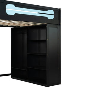 English Elm Full Size Gaming Loft Bed with Rgb Lighting Integrated Desk and Open Wardrobe Blue N820S00073C