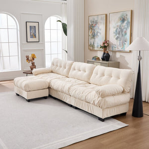English Elm Modular Cloud Sectional Sofa Flannelette Deep Seat L Shape with Movable Ottoman Beige W2120S00037