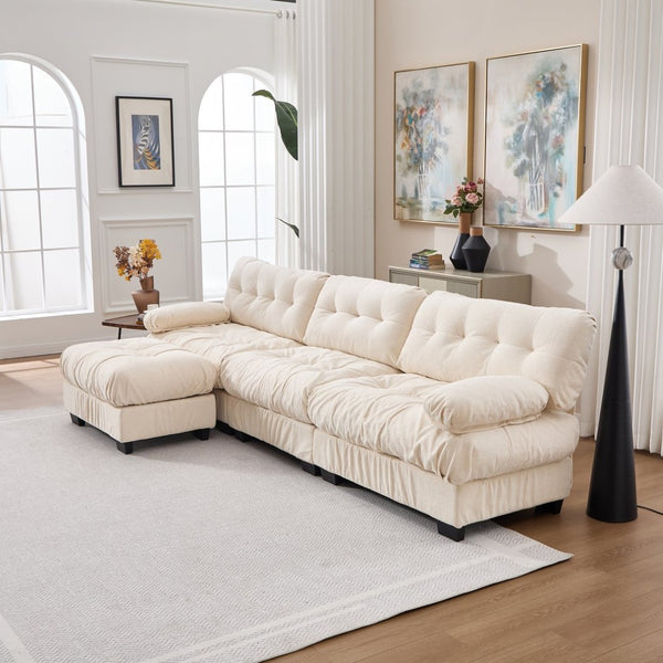 English Elm Modular Cloud Sectional Sofa Flannelette Deep Seat L Shape with Movable Ottoman Beige W2120S00037