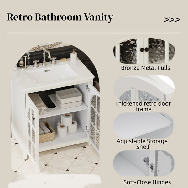 English Elm Christopher Knight Home® - 30 Inches Vintage Rustic Bathroom Vanity With Ceramic Sink, Soft-Close Doors & Antique Bronze Pulls N817P299512W
