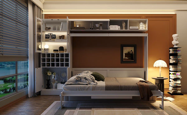 English Elm Queen Murphy Wall Bed Sofa with Open Shelving Usb Charging and Integrated Studio Lighting Gray,White LP100764AAK