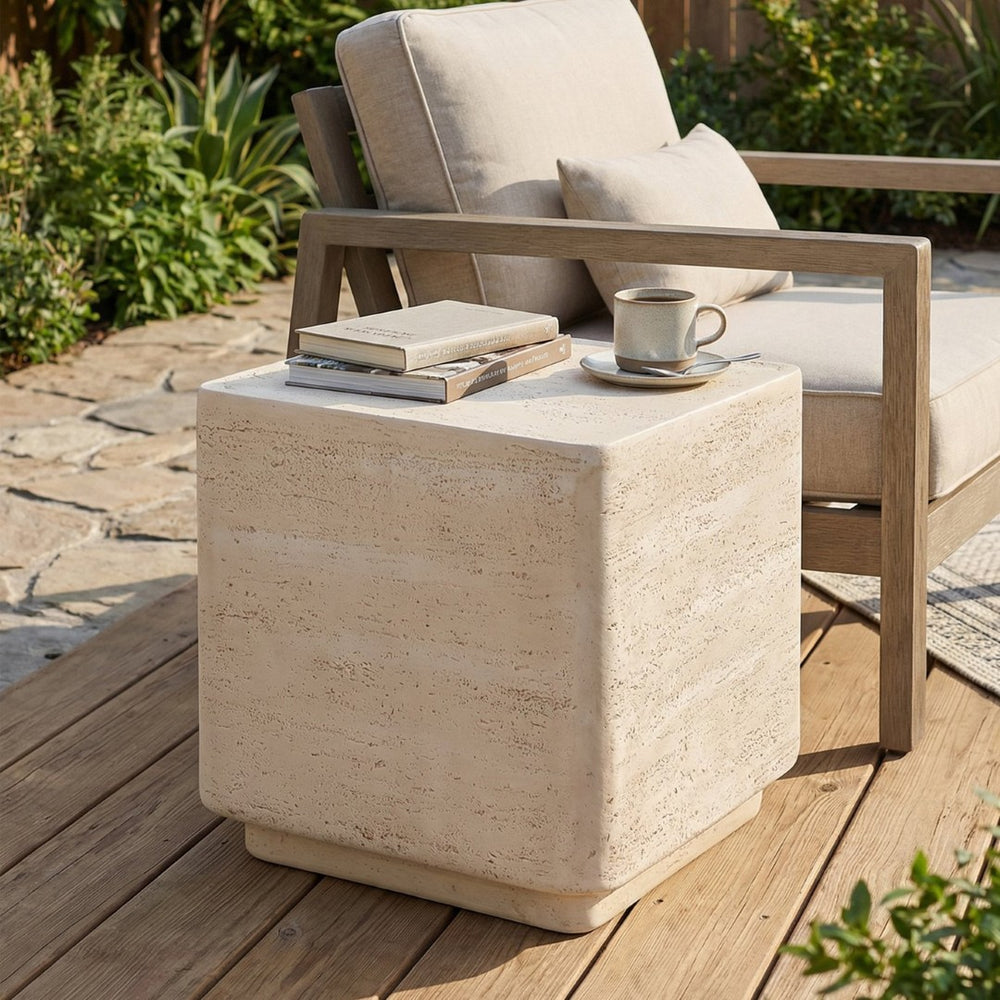 English Elm Daphne Outdoor Mgo Side Table Travertine Stone Finish Compact Patio Accent N775P385382T