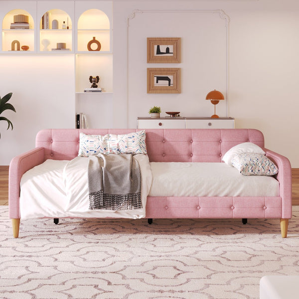 English Elm Twin Upholstered Daybed with Pine Frame and Linen Fabric, Button-Tufted High Sideboard, 79" L Pink N709P266225H