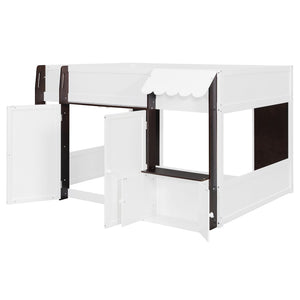 English Elm Twin House Loft Bed with Pull Out Rolling Desk Stair Drawers and Cabinet Storage Espresso+White N820S00074P