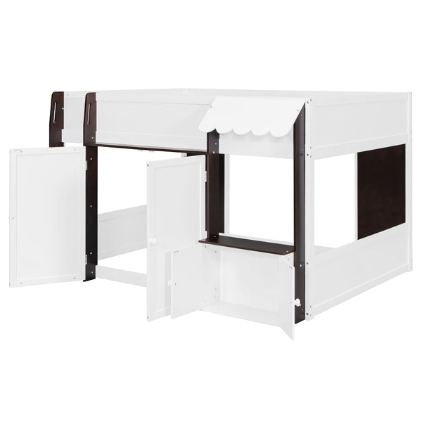 English Elm Twin House Loft Bed with Pull Out Rolling Desk Stair Drawers and Cabinet Storage Espresso+White N820S00074P