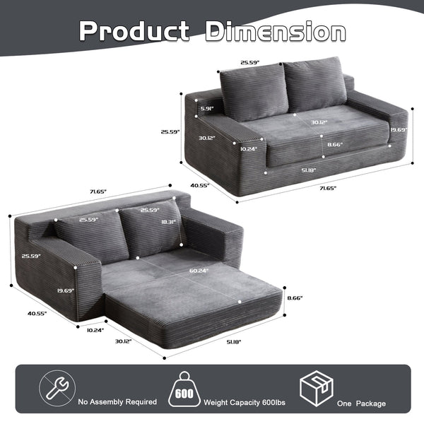 English Elm Loveseat Corduroy Bean Bag Sofa Bed with Memory Foam, Reversible Cushions, Plush Bolsters, No Assembly Required DARK GREY W3723P346938
