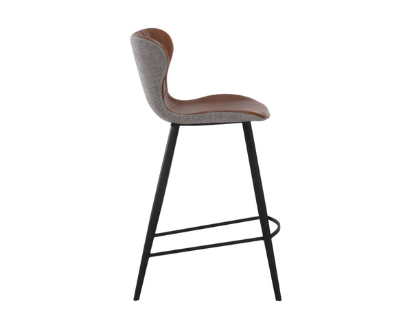 Sunpan Arabella Mid-Century Modern Bar Stool with Clamshell Tufting and Stylish Black Steel Legs Bravo Cognac / November Grey