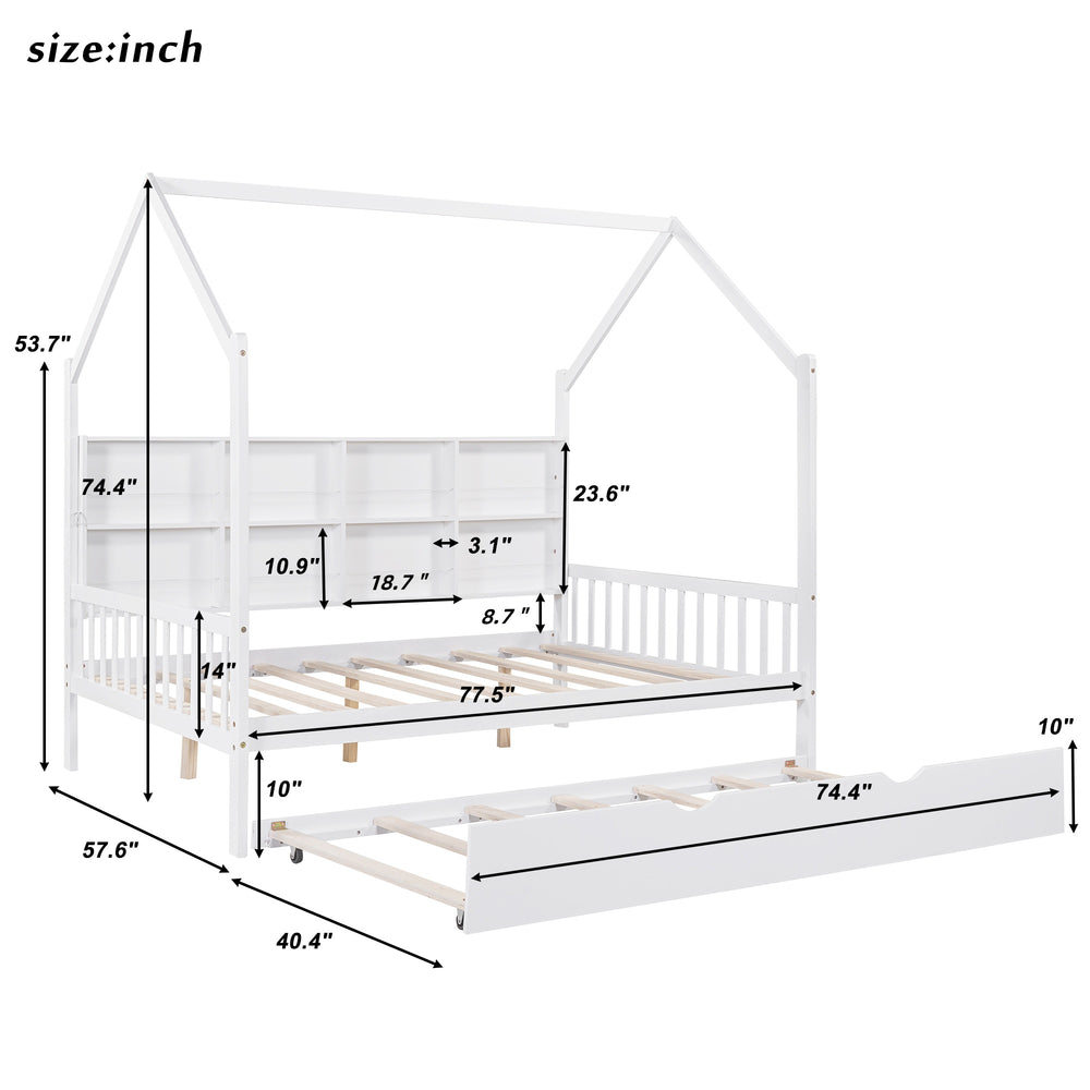 English Elm Wooden Full Size House Bed with Trundle and Shelf, White Pine Frame, Playhouse Roof, 550lb Capacity N733P326490K