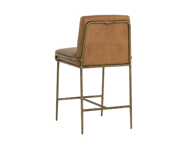 Sunpan LATHAN Counter Stool - Luxurious Tan Leather Seat with Hand-Hammered Antique Brass Frame, Durable Design 112227